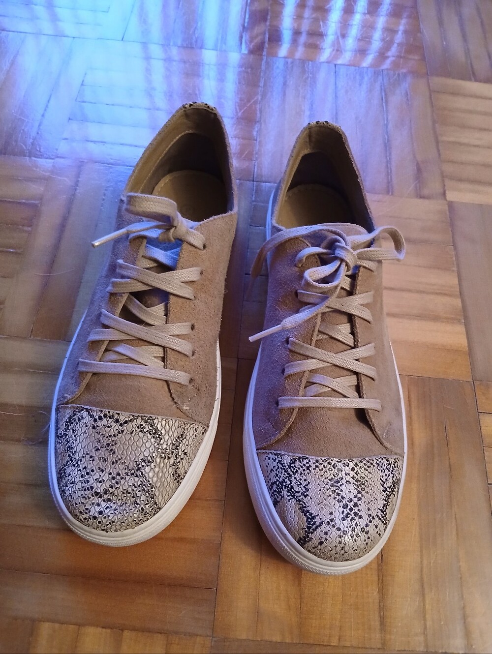 Kaaanas Women’s Taupe Suede Lace-Up Sneakers with Snakeskin Toe